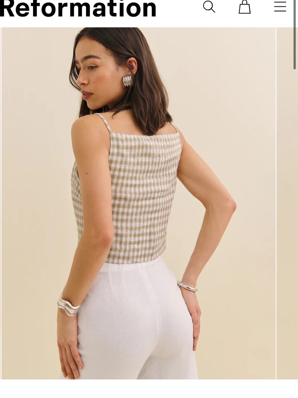 Reformation Kerri Linen Gingham Top in Dunes Check - Picture 2 of 5